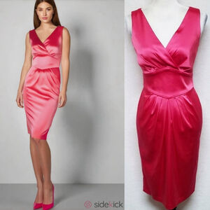 Calvin Klein Pink Stretchy Satin Pleated V-neck Midi Cocktail Dress 2